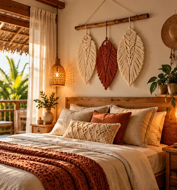 Quarto de pousada com painel de macramê sobre a cama