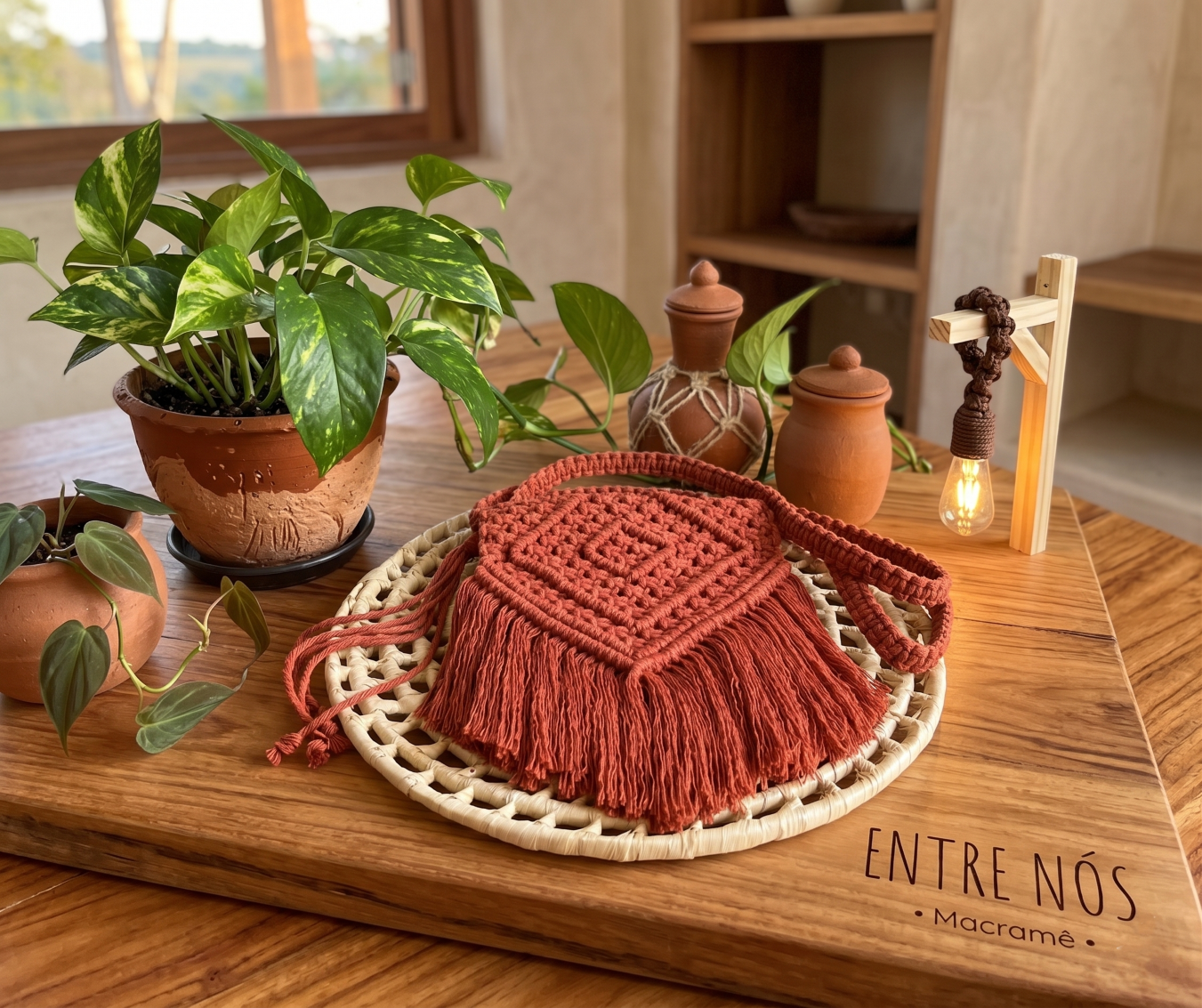 Bolsa de macramê terracota sobre mesa de madeira com plantas e luminárias